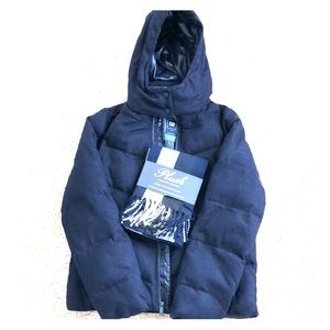 Navy puffer jacket and matching scarf